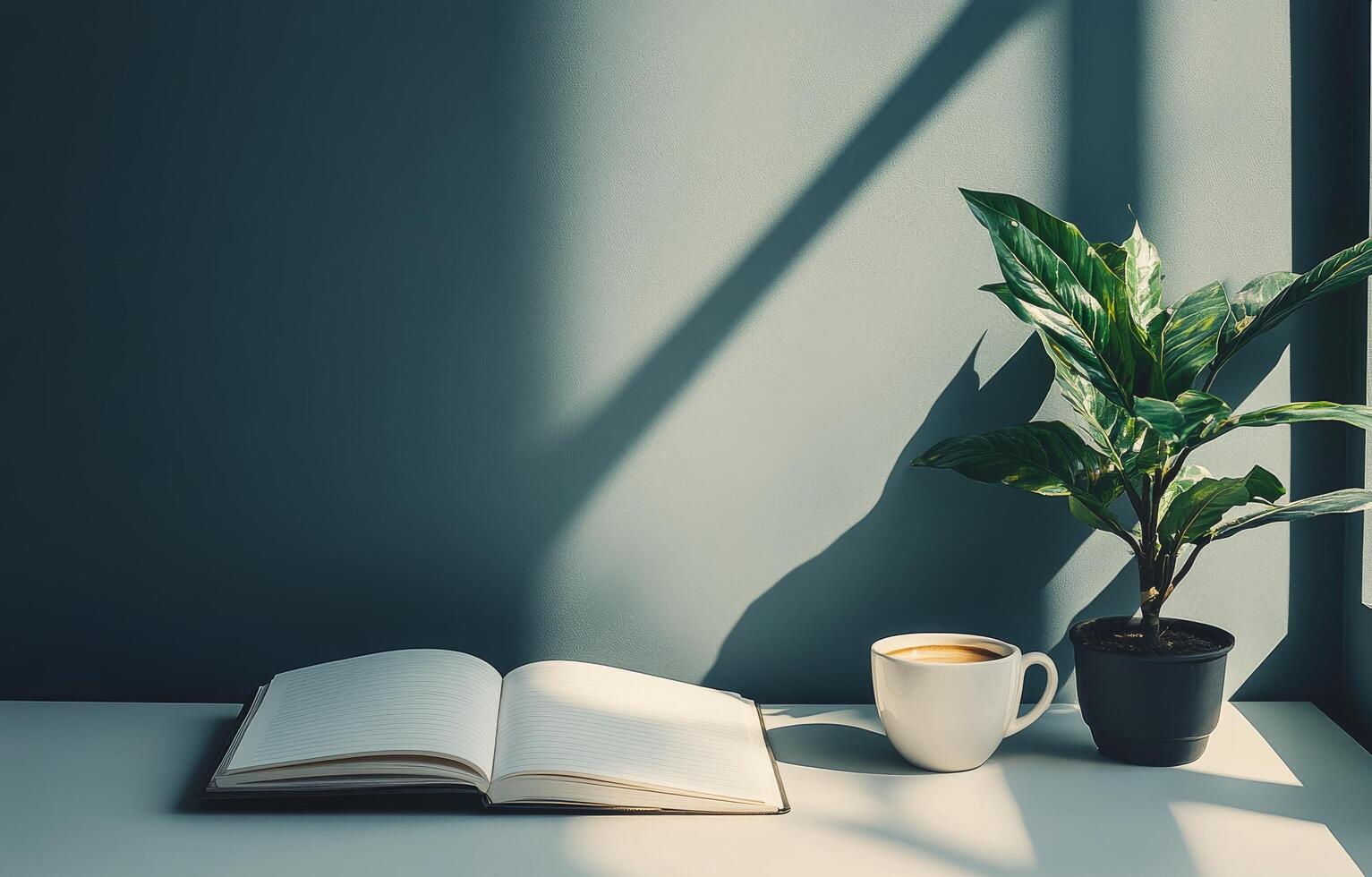 Cozy reading nook with a cup of coffee, an open notebook, and a plant under soft sunlight photo