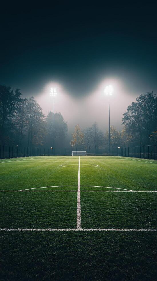 Nighttime view of a well-lit soccer field with bright stadium lights and clear sky photo