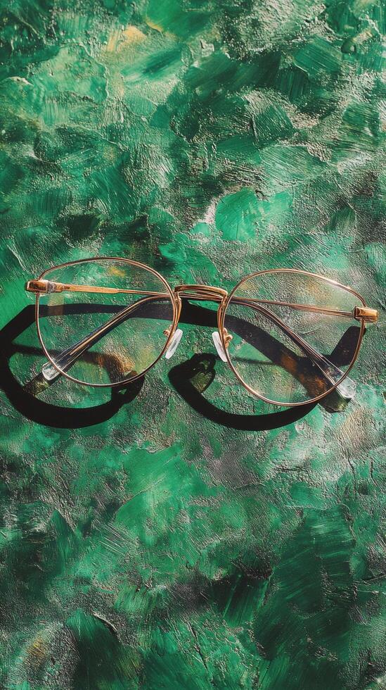 Stylish gold rimmed glasses resting on a green surface illuminated by soft light photo