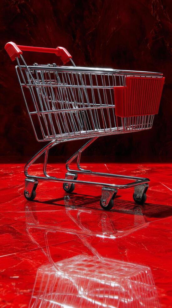 Empty shopping cart against a vibrant red background in a minimalistic setting photo