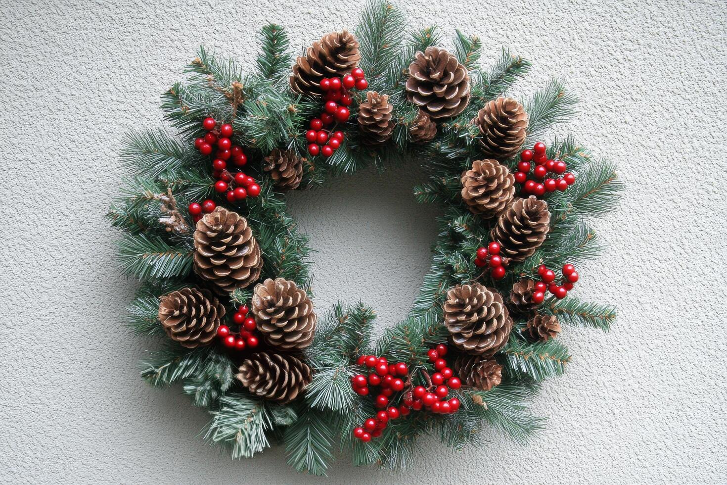 Holiday wreath decorated with pinecones and berries on white background photo