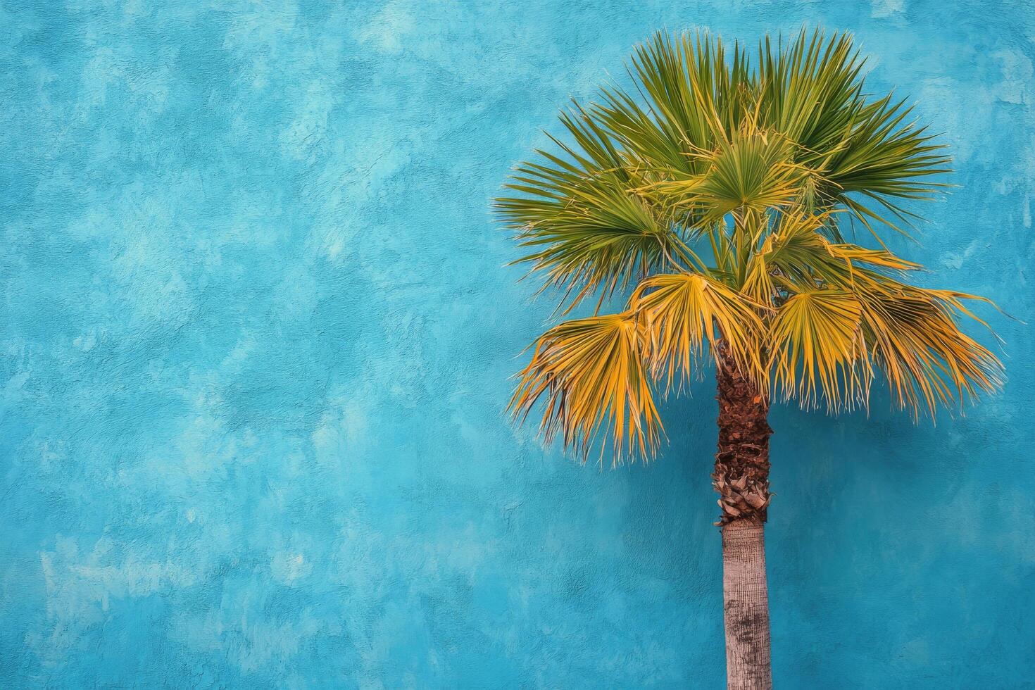 Bright palm tree against vivid blue wall depicting tropical scenery and vibrant colors photo