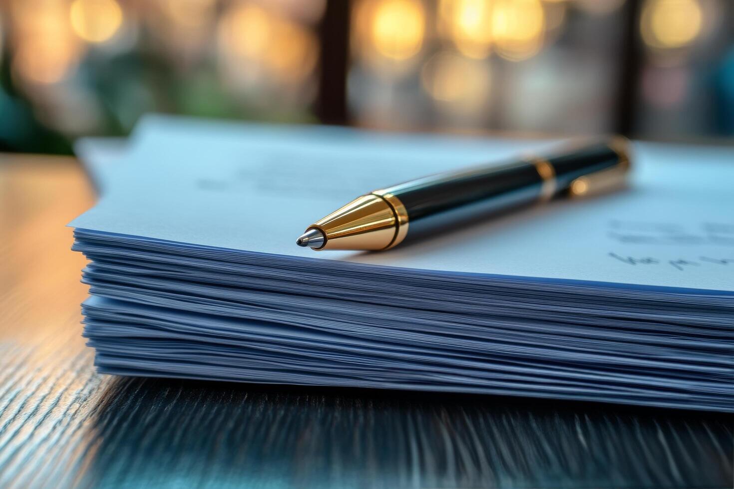 Desk with a stack of blank papers and a pen on a sunny day in a garden setting photo
