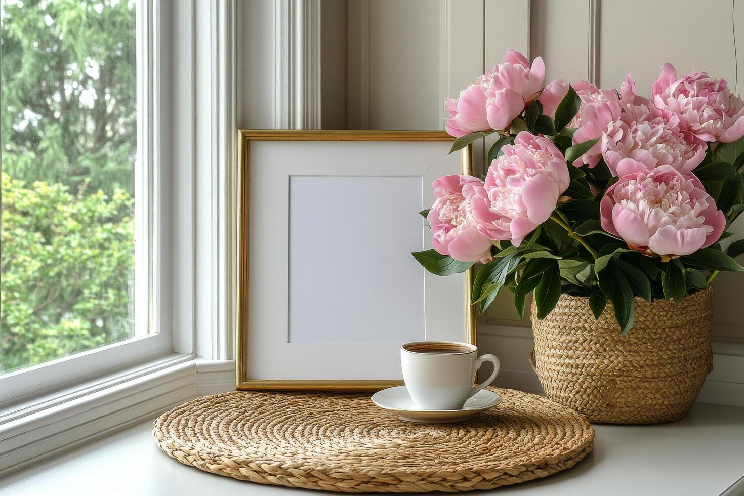 Elegant floral arrangement and coffee cup on a sunny windowsill with a blank frame photo