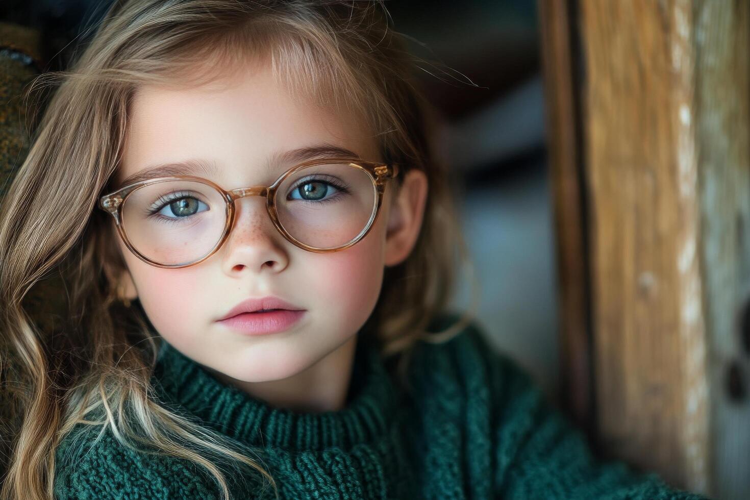 Cute girl in green sweater with glasses showing a charming smile indoors at a cozy location photo