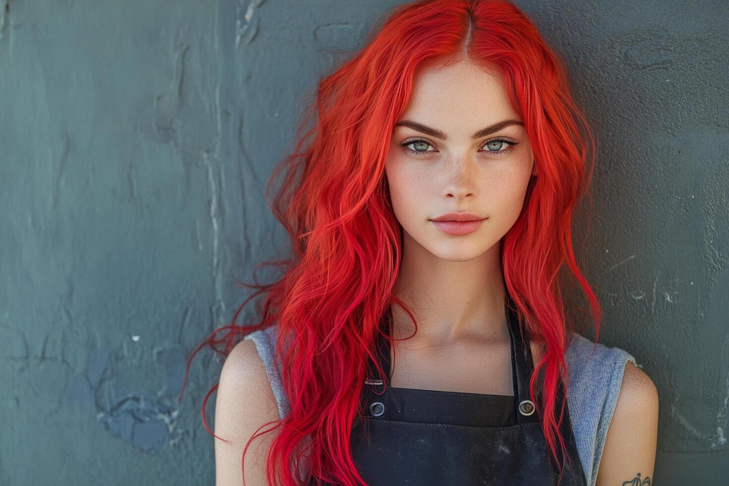 Young woman with orange hair and freckles, working in a rustic caf setting during daylight hours photo