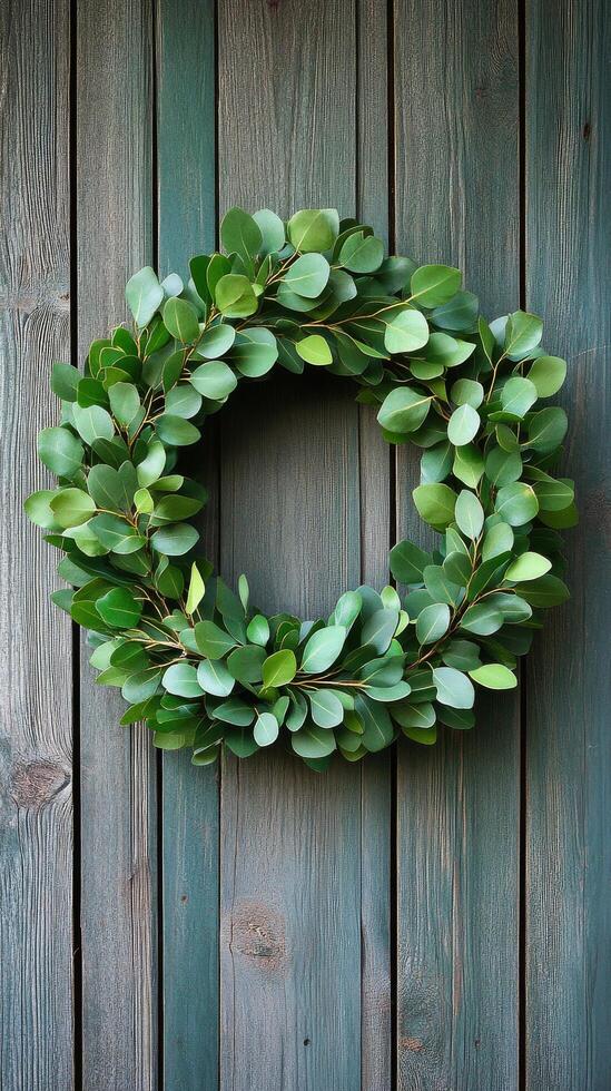 Decorative green wreath made of fresh leaves and berries on wooden background photo