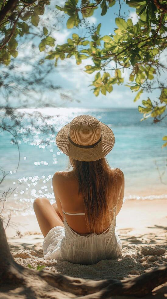 Relaxing on the beach with a straw hat while enjoying a serene ocean view under a vibrant sky photo