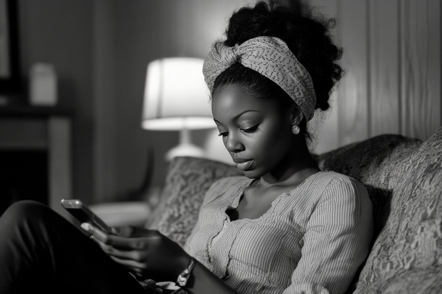 Young woman with curly hair using smartphone in a cozy indoor setting with warm lighting photo