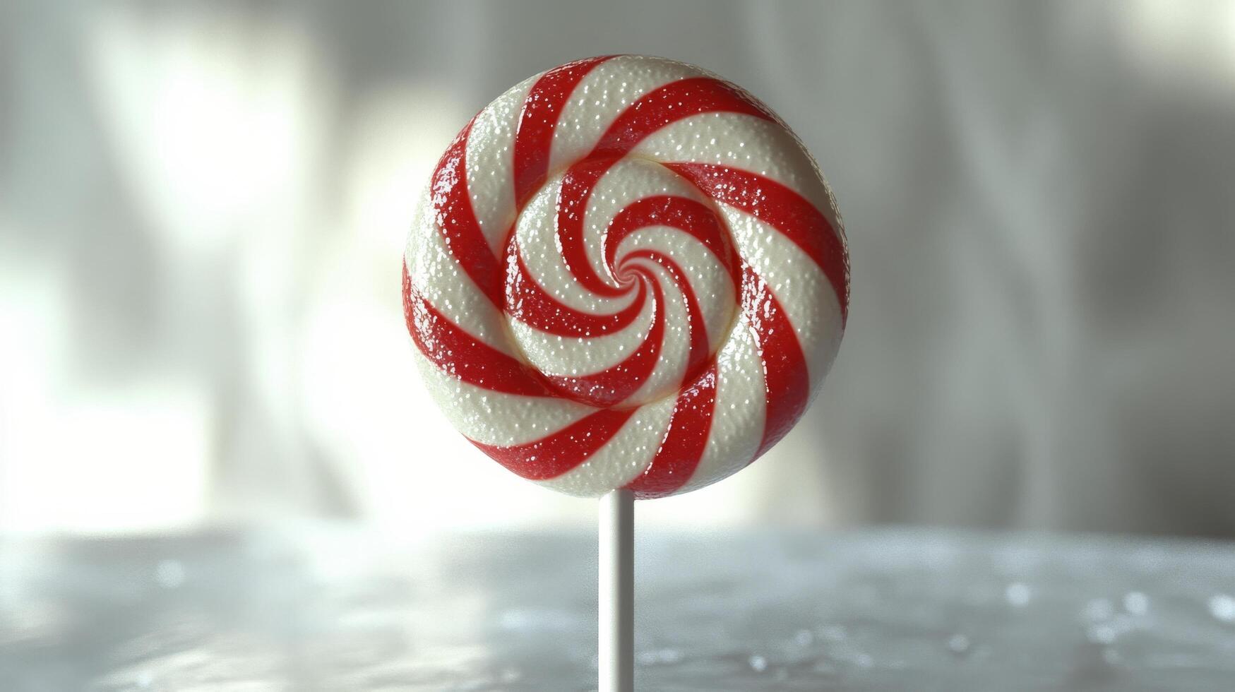 Bright red and white striped lollipop on a stick with blurred candy background photo