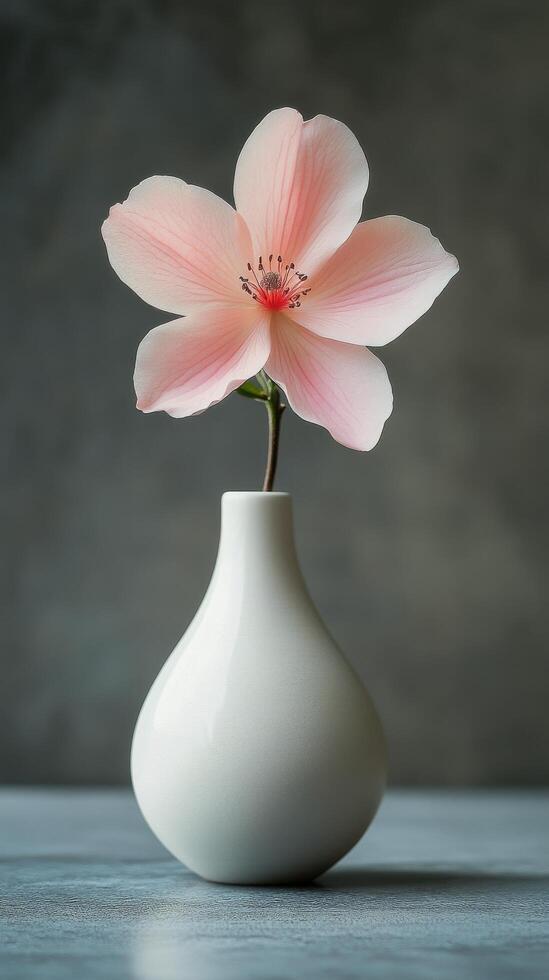 Elegant pink flower in a simple white vase against a soft gray background photo