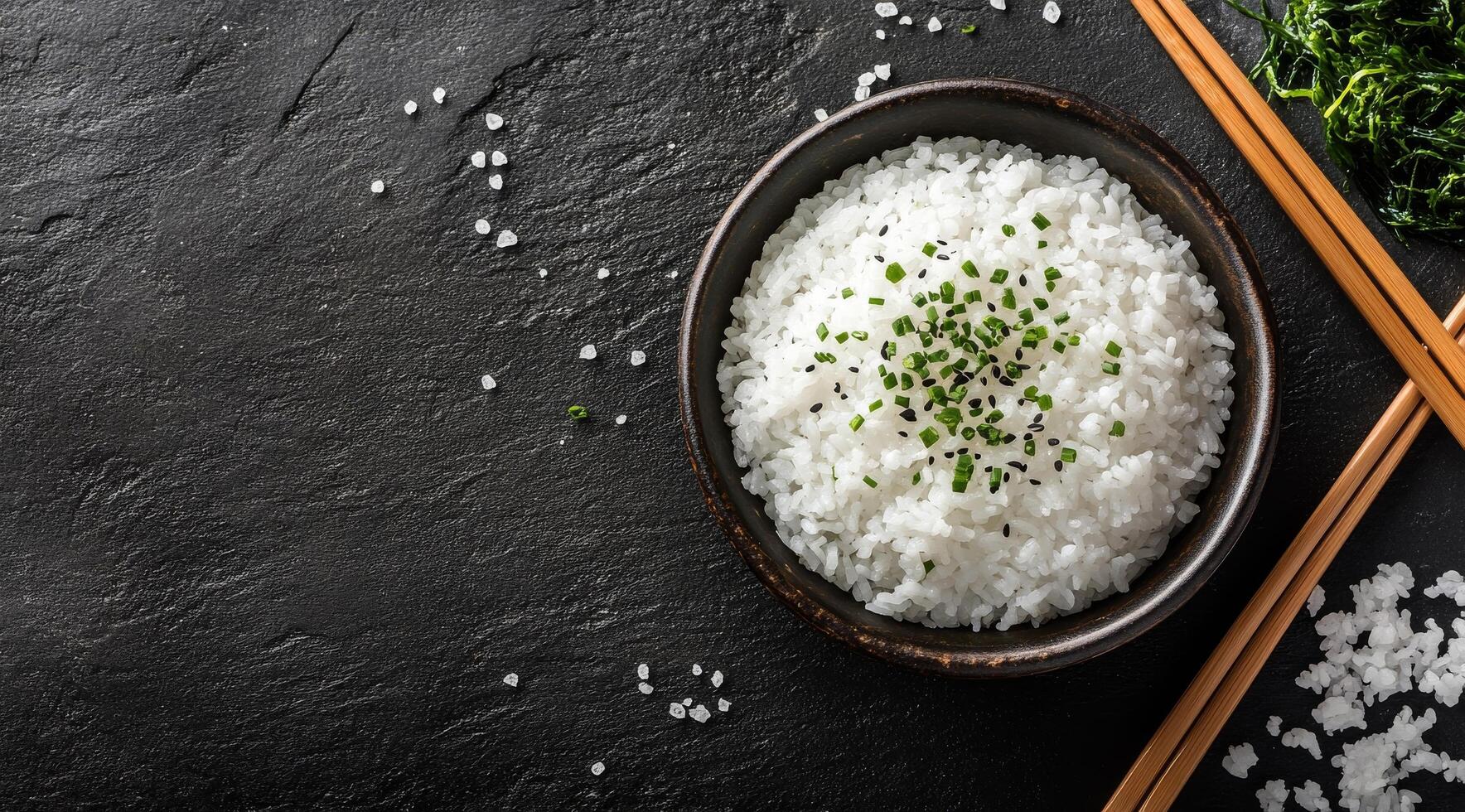 Delicious white rice served in a bowl with chopsticks and fresh herbs on a dark background photo