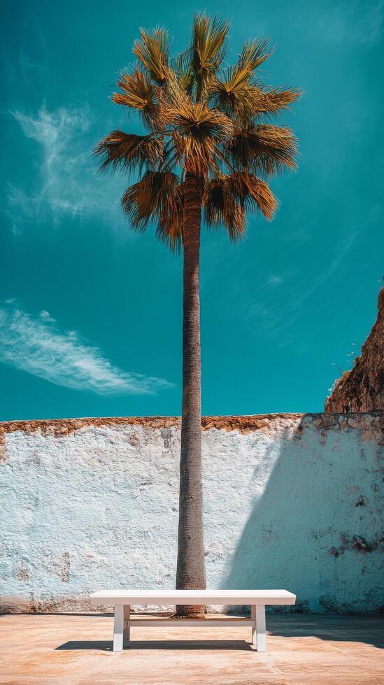 Bright sunlight illuminating a palm tree above a white picnic table against a wall photo