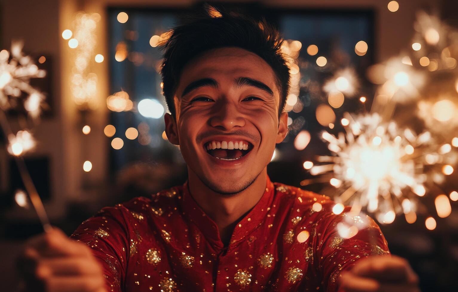 Celebrating with joy and sparklers at a festive gathering in the evening photo