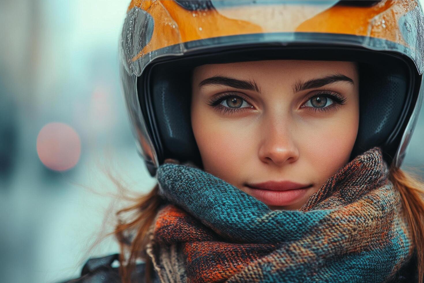 Winter motorcycle rider with helmet and colorful scarf in urban setting photo