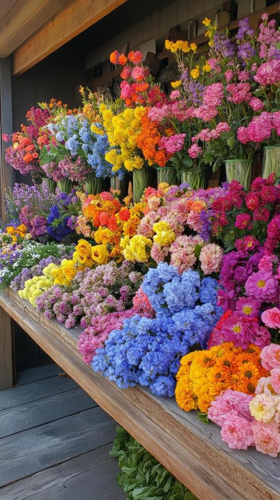 Vibrant display of various flowers against a rustic wooden backdrop in bright natural light photo