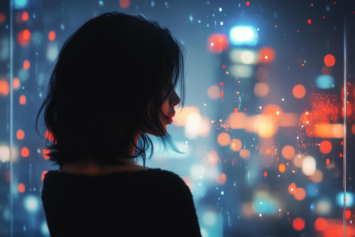Woman gazing through a rain-soaked window at a vibrant city skyline in the evening photo