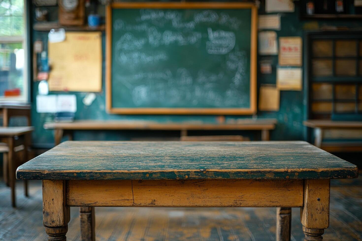 Rustic wooden table in a cozy classroom with chalkboard and bookshelves photo