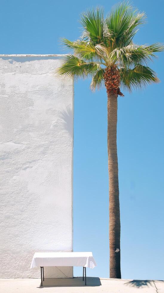 Bright sunlight illuminating a palm tree above a white picnic table against a wall photo