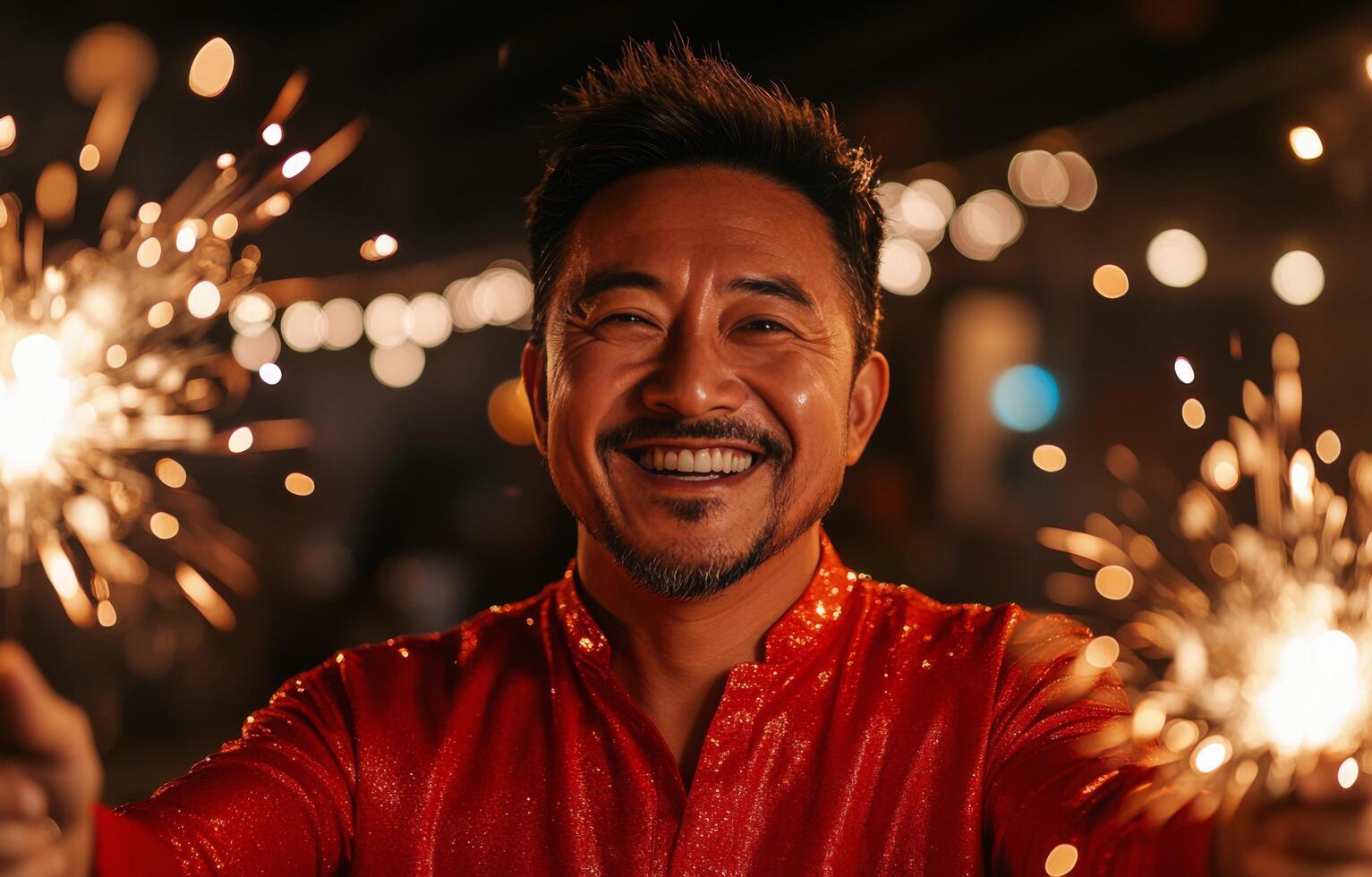 Celebrating with joy and sparklers at a festive gathering in the evening photo