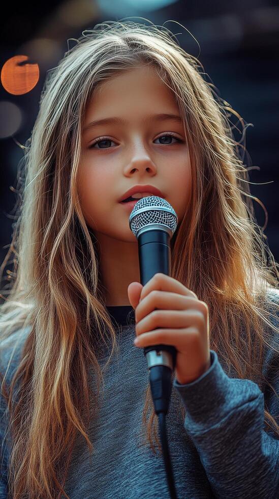 Young girl singing with microphone during an outdoor event in a vibrant setting photo