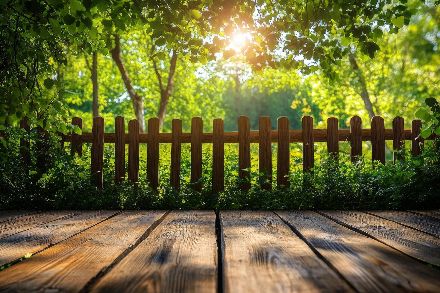 Serenity on a wooden deck in a sunlit forest during early morning hours photo