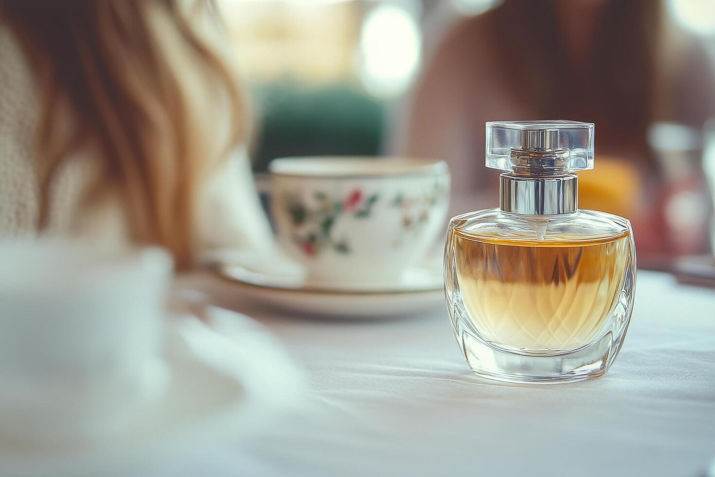 Woman with long hair poses beside elegant perfume bottle in cozy cafe setting photo
