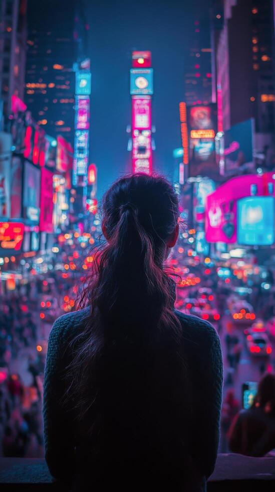 Winter night in Times Square with a person admiring the vibrant lights and snowfall photo