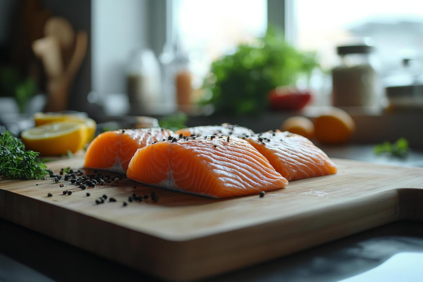 Fresh salmon fillets prepared on a wooden cutting board with herbs and spices photo