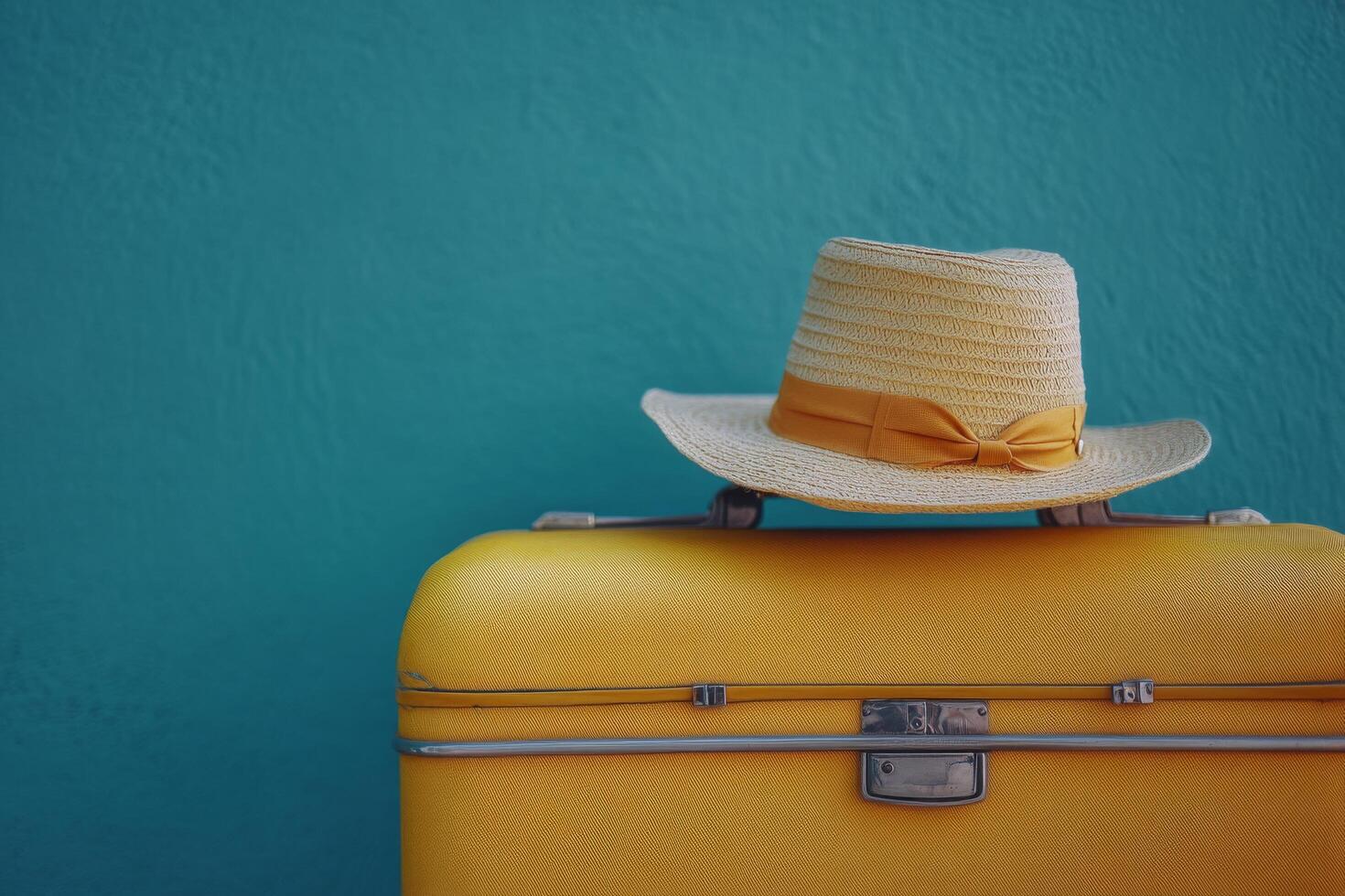 Vintage yellow suitcase with a straw hat resting on top against a simple green background photo