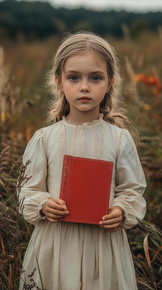 Young girl in a field holding a red book during an overcast day photo