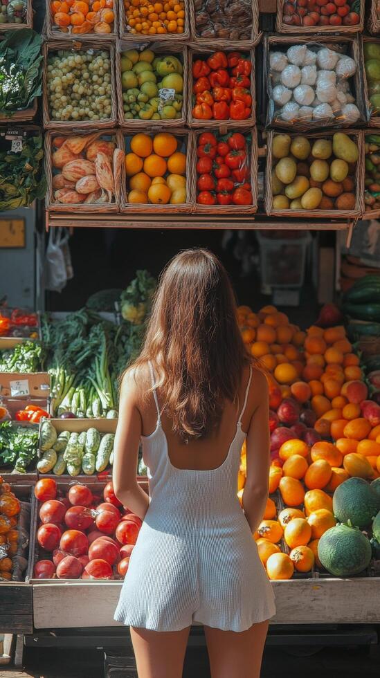 Exploring a vibrant market filled with fresh fruits and vegetables in the late afternoon photo