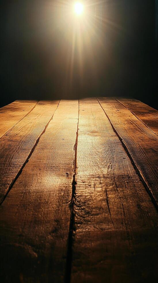 Warm sunlight streaming onto a wooden table at dawn in a serene natural setting photo