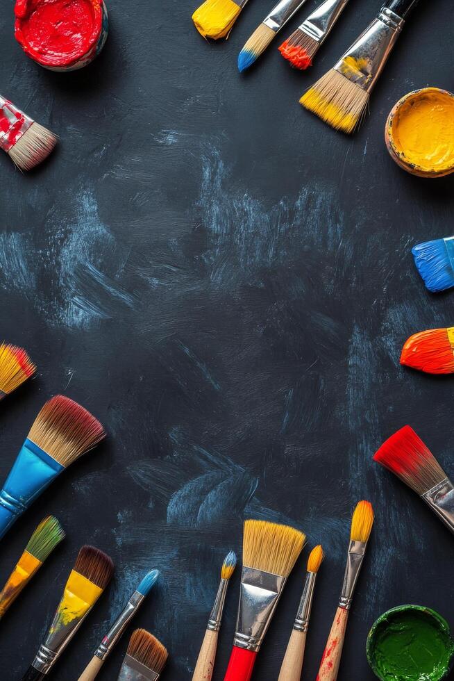 Colorful arrangement of paintbrushes and paint containers on a black surface for creative projects photo