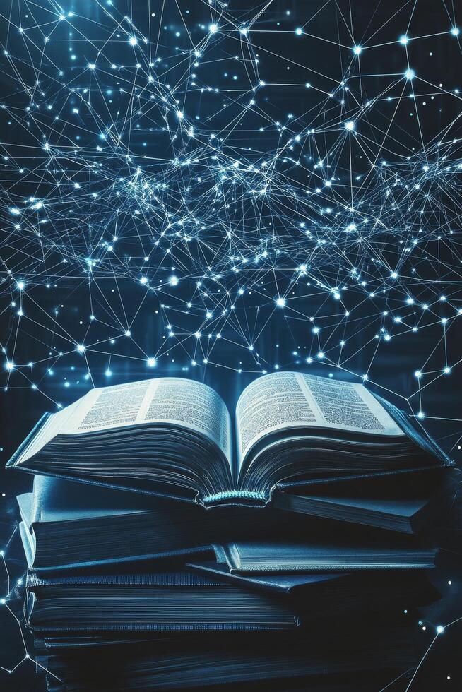 Open book with glowing connections representing knowledge and technology in a digital landscape photo