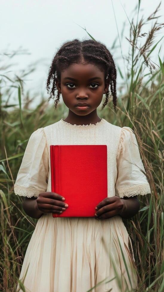 Young girl in a field holding a red book during an overcast day photo