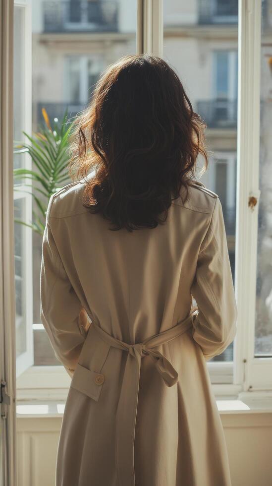 Woman in beige coat observing city view through window in bright room photo
