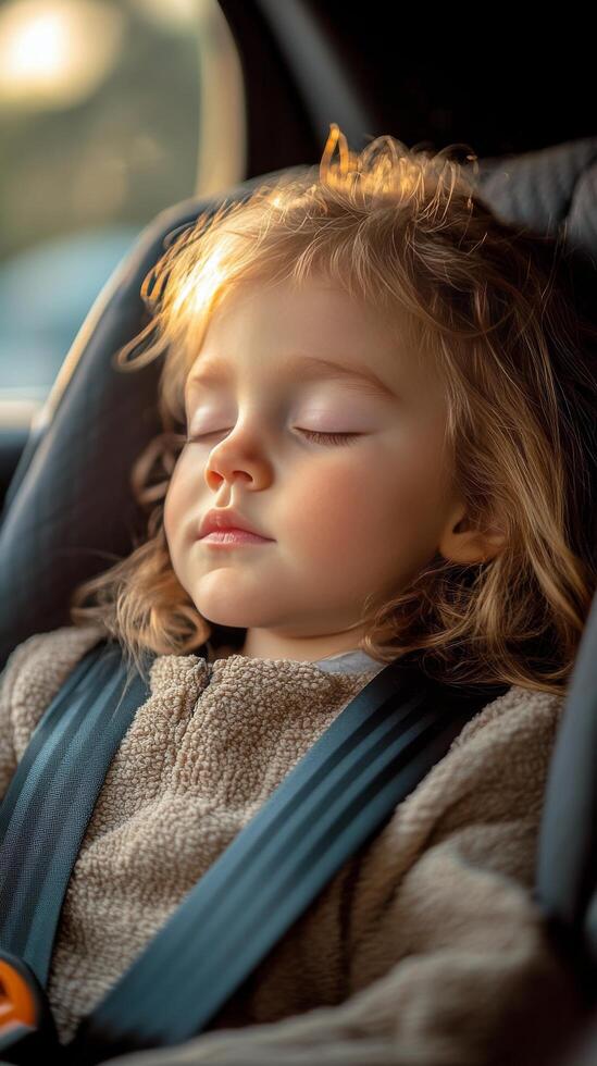 Peaceful child sleeping in a car seat during a sunny drive in the afternoon photo