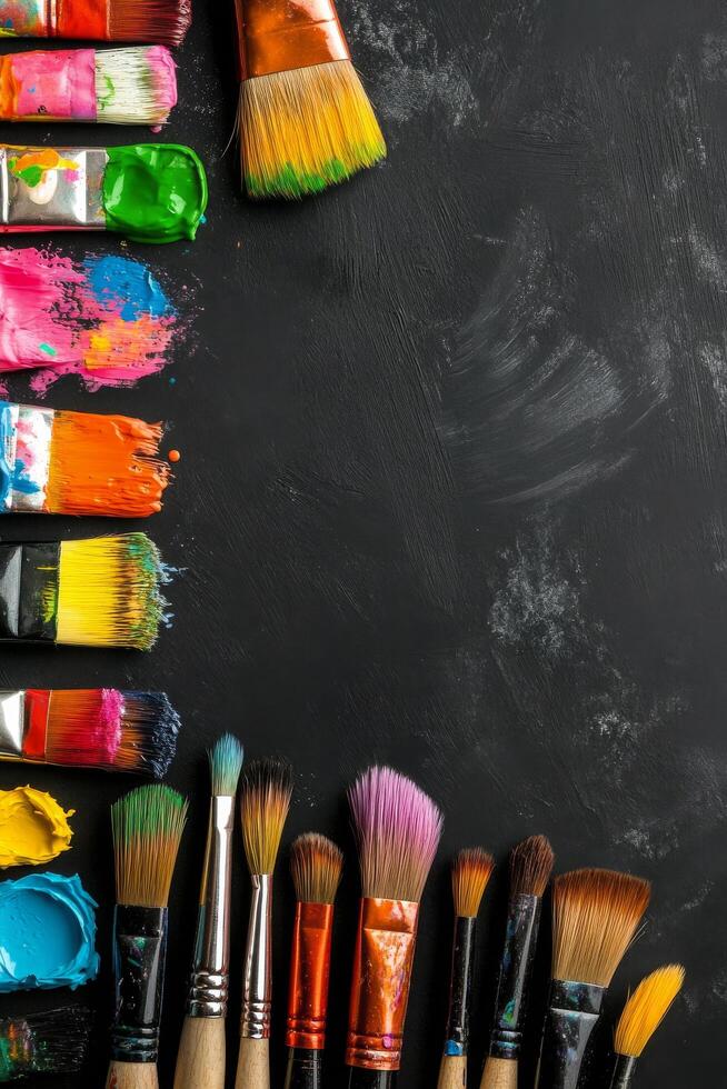 Colorful arrangement of paintbrushes and paint containers on a black surface for creative projects photo