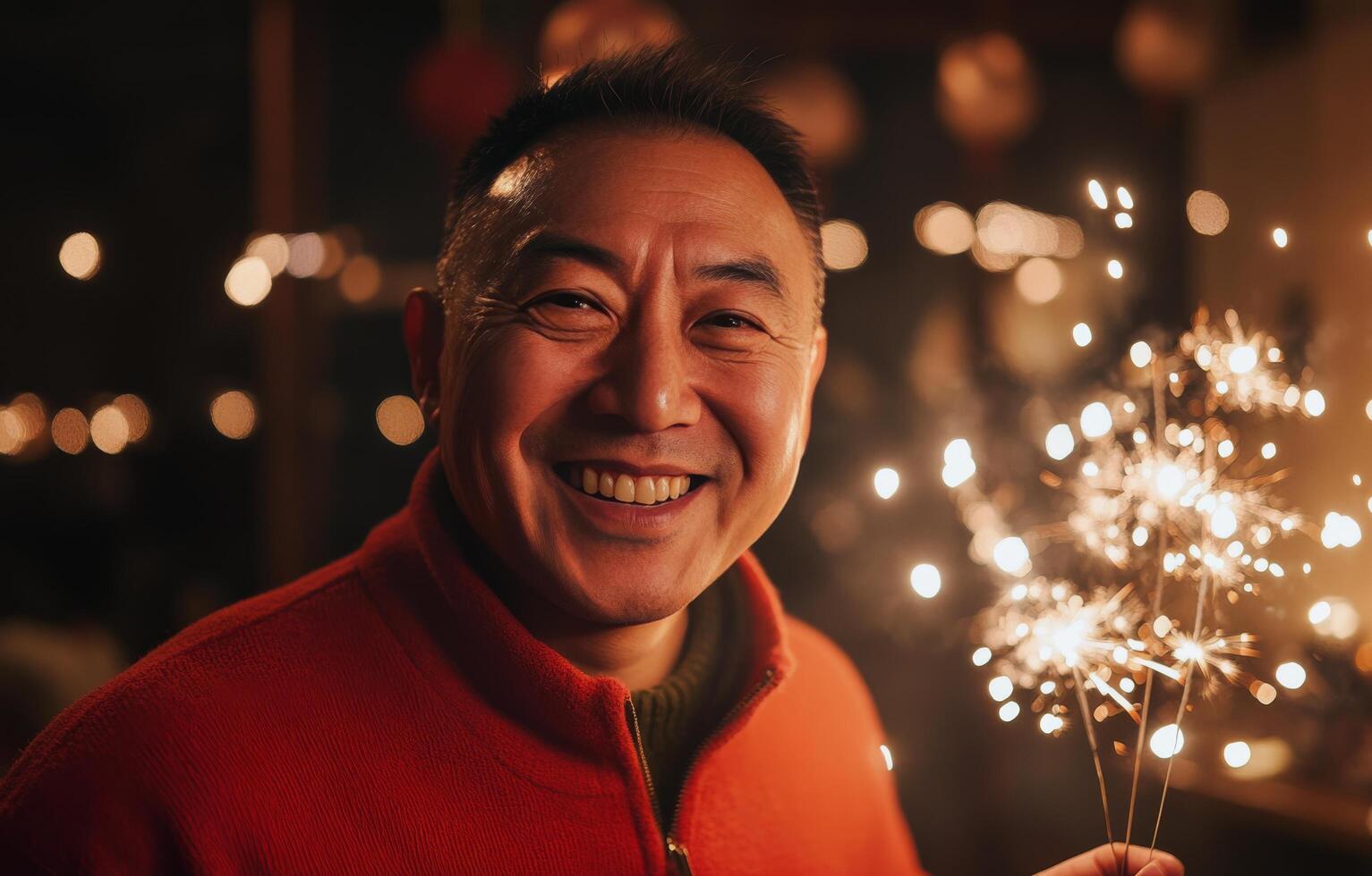 Celebrating with joy and sparklers at a festive gathering in the evening photo