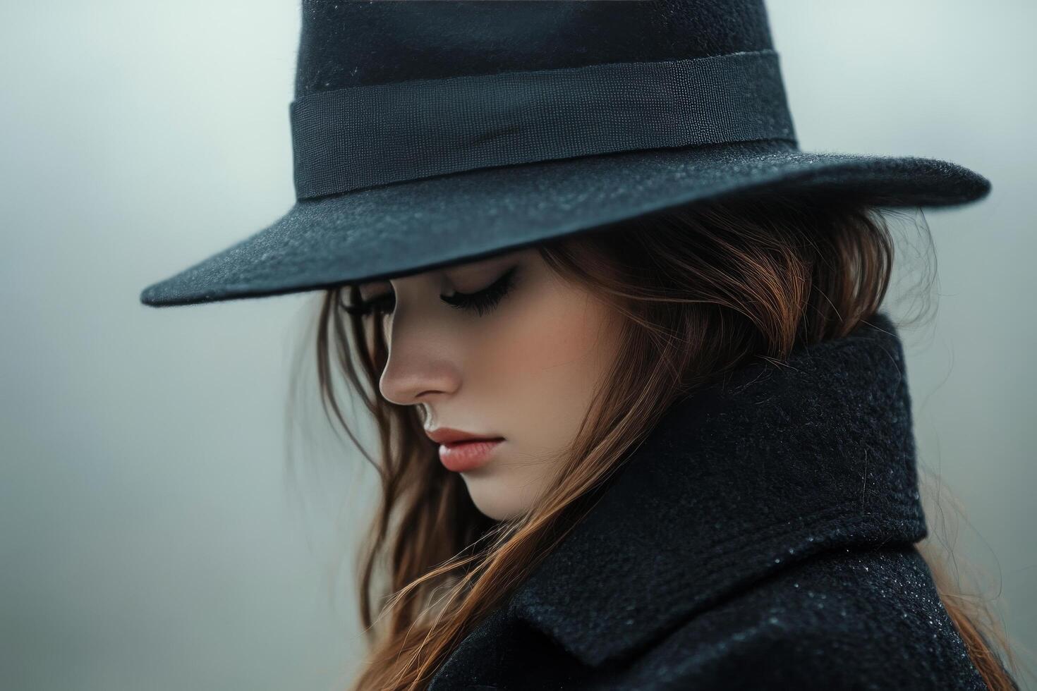 Woman in a black hat standing in the rain against a dark wall during a cloudy day photo