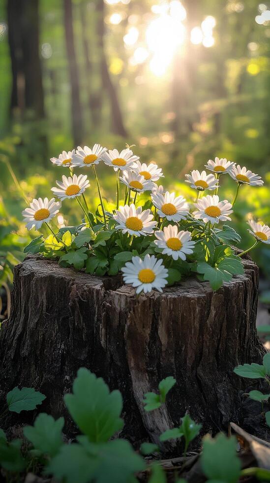 Sunlight filtering through trees above a wooden stump surrounded by blooming daisies in a forest photo