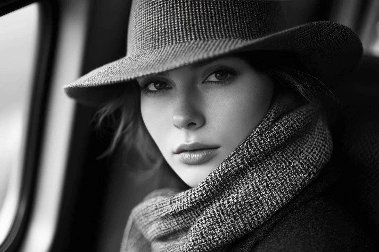 Young woman with hat and scarf gazing out of a bus window on a winter day photo