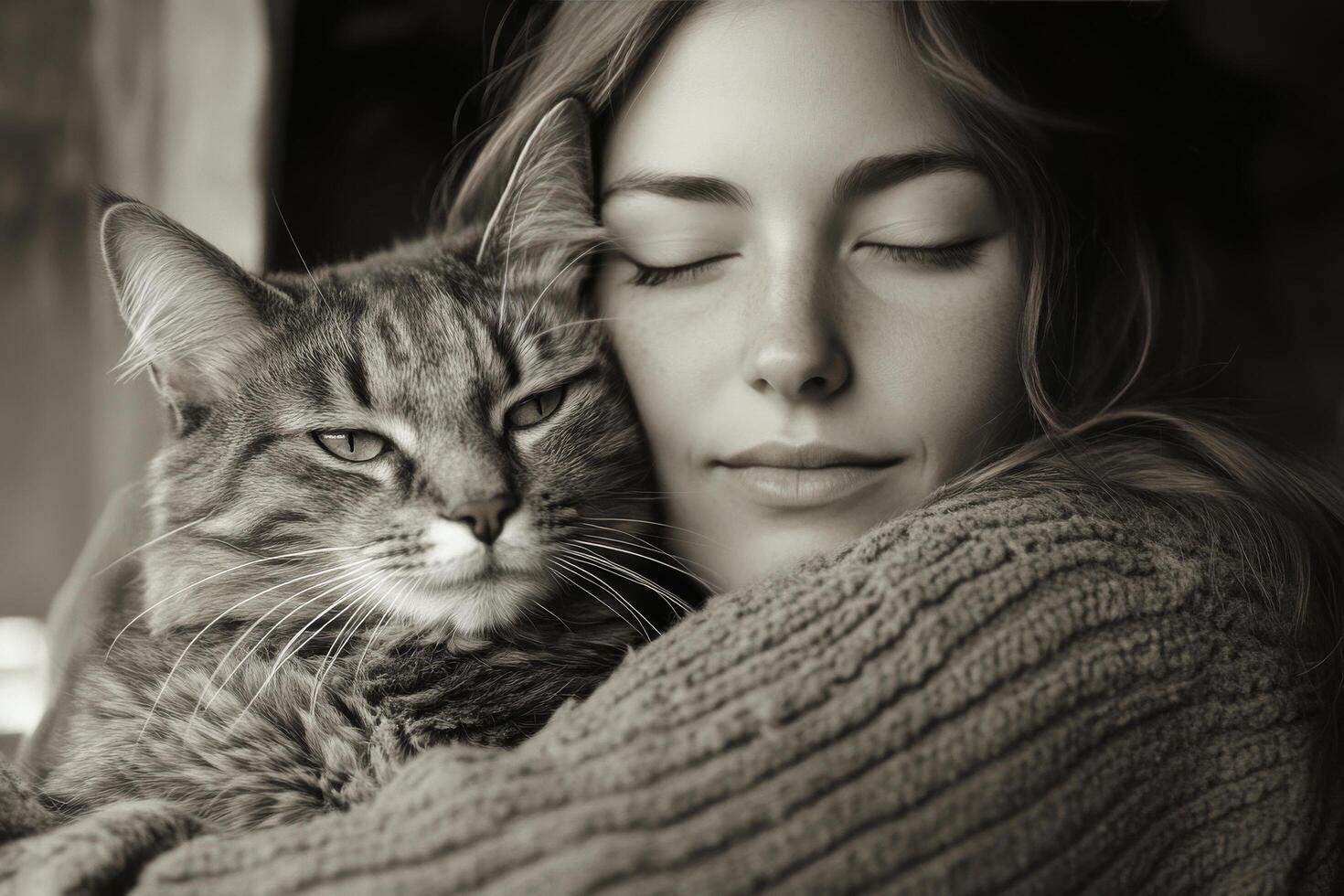 Warm embrace between woman and orange cat on a cozy afternoon photo