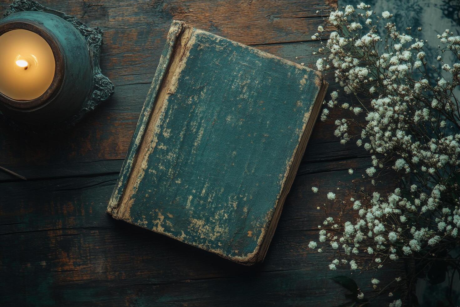 Rustic wooden table with open book and flower vase in cozy room photo