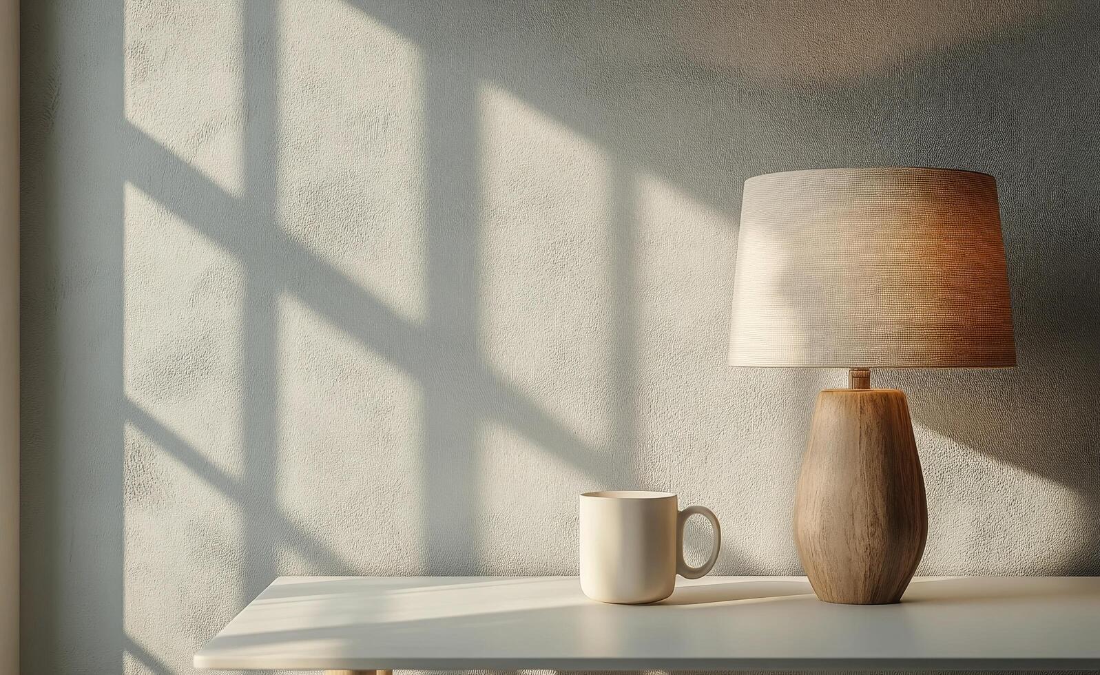 Elegant lamp and white mug on a wooden table against a soft gray wall photo