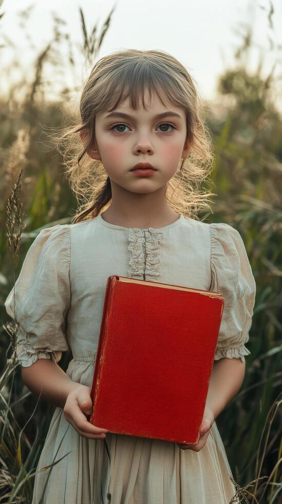 Young girl in a field holding a red book during an overcast day photo