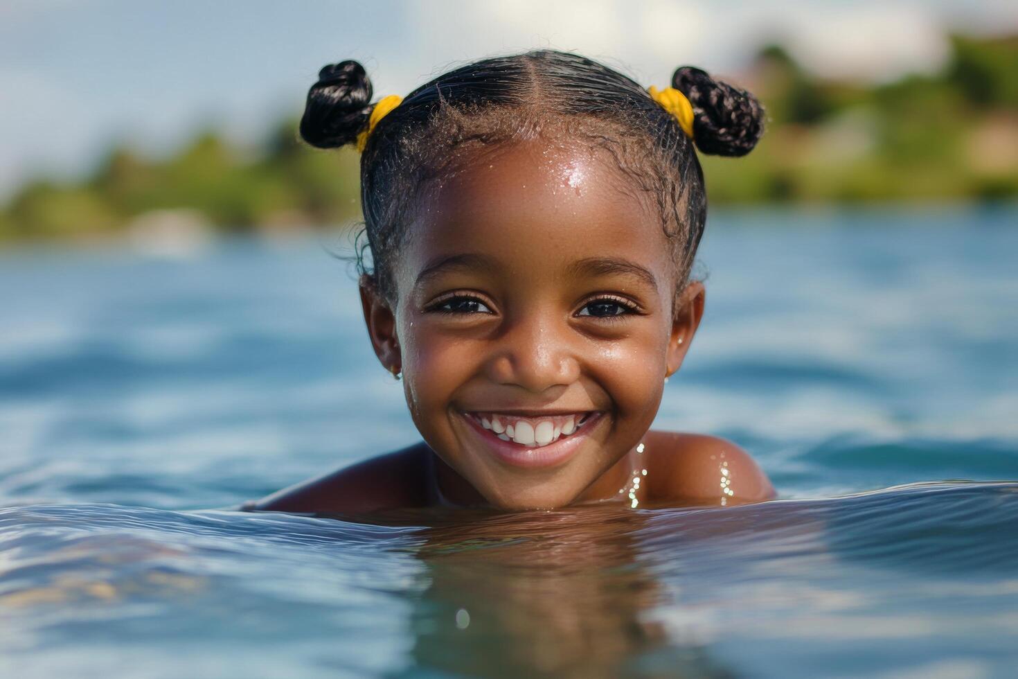 Smiling girl enjoying a swim in clear water on a sunny day photo