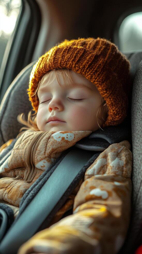 Peaceful child sleeping in a car seat during a sunny drive in the afternoon photo