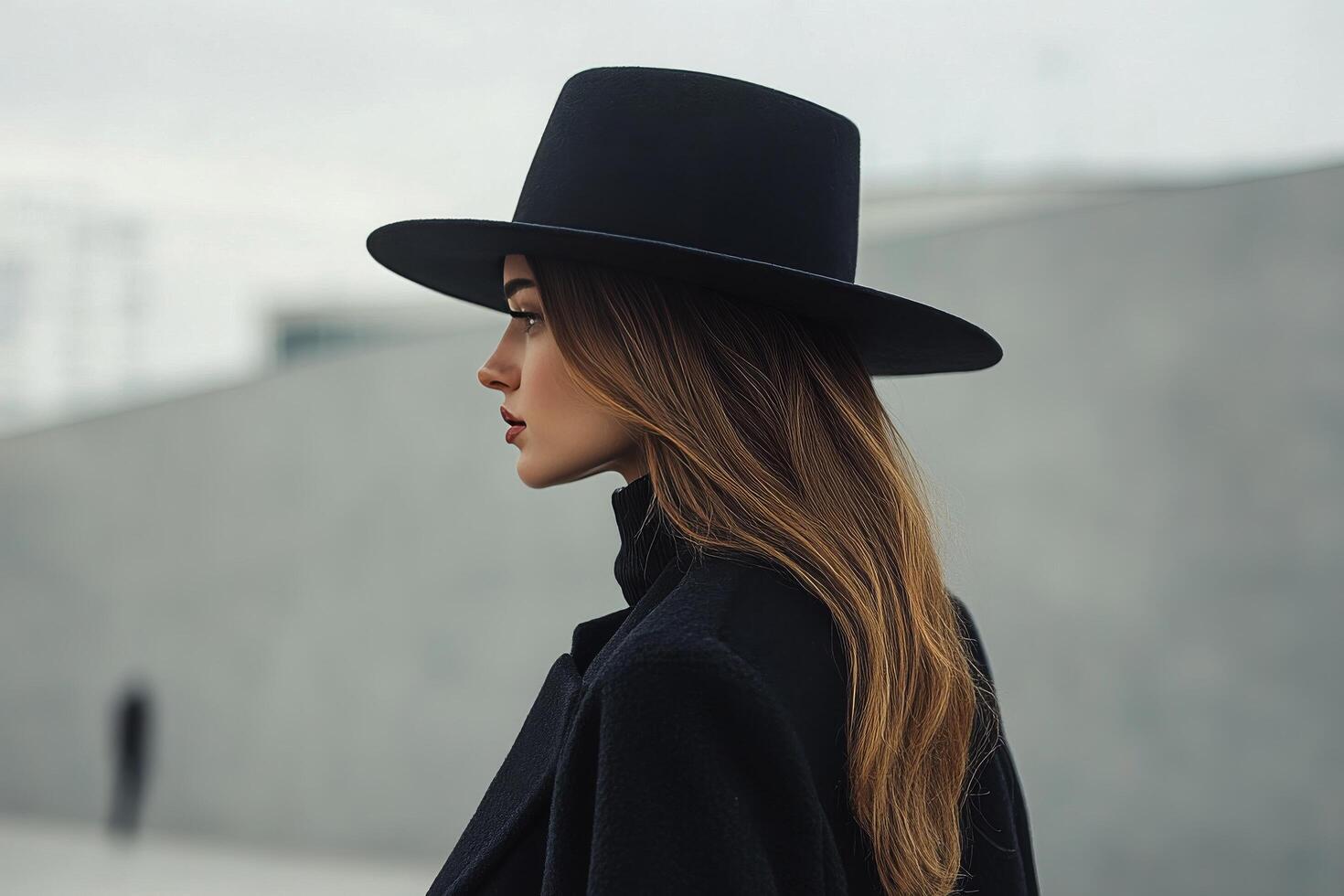 Woman in a black hat standing in the rain against a dark wall during a cloudy day photo
